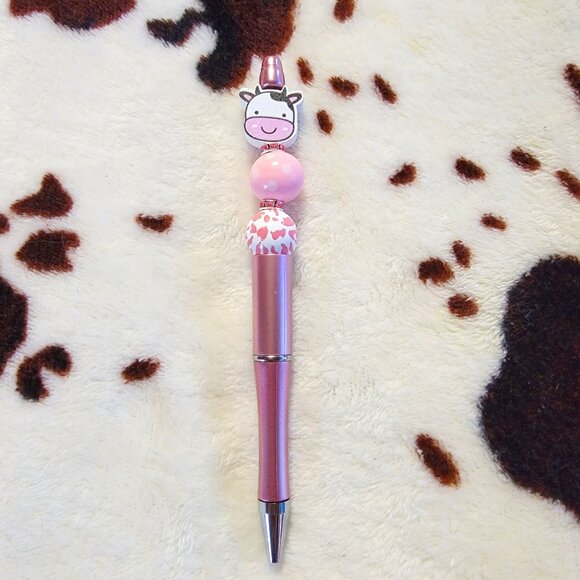 Pink Cow Custom Made Rhinestone Wood Beaded Ink Pen - Picture 1 of 4